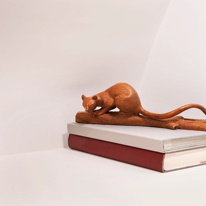 Fossa Watching handcrafted Animal Sculptures, styled in an interior