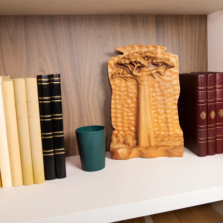 Solitary Baobab handcrafted Carved Panels, styled in an interior