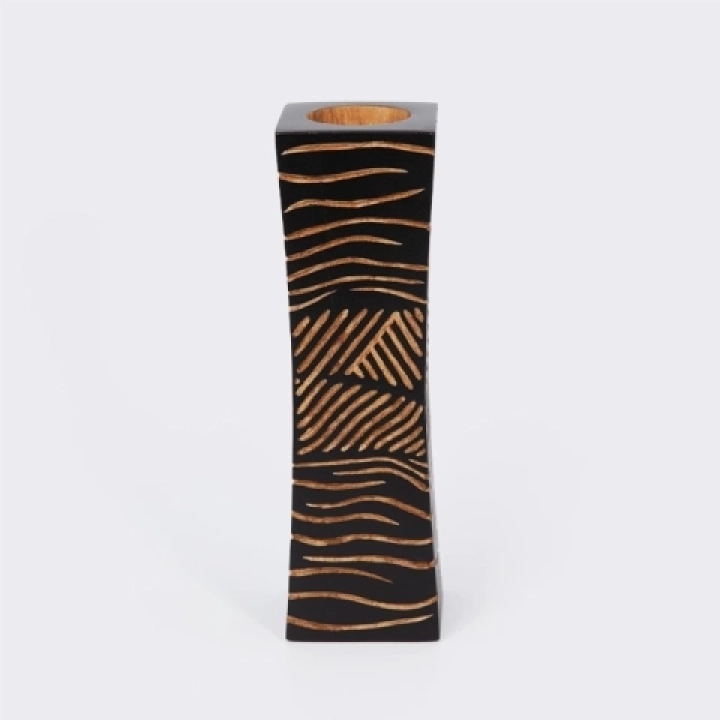 Square wooden candlestick, tall and painted black with hand-carved tribal geometric patterns, handcrafted in Madagascar.